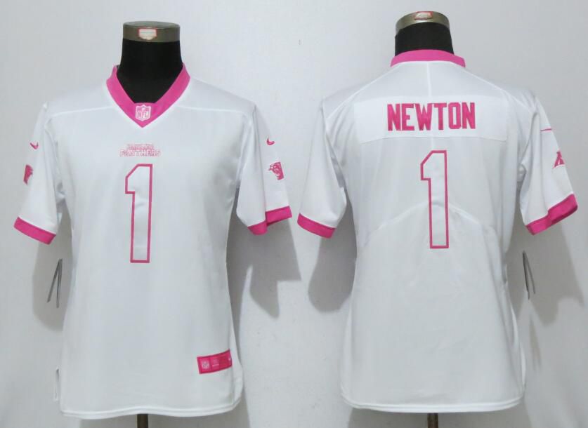 Women 2017 Carolina Panthers #1 Newton Matthews White Pink Stitched New Nike Elite Rush Fashion NFL Jersey->->Women Jersey